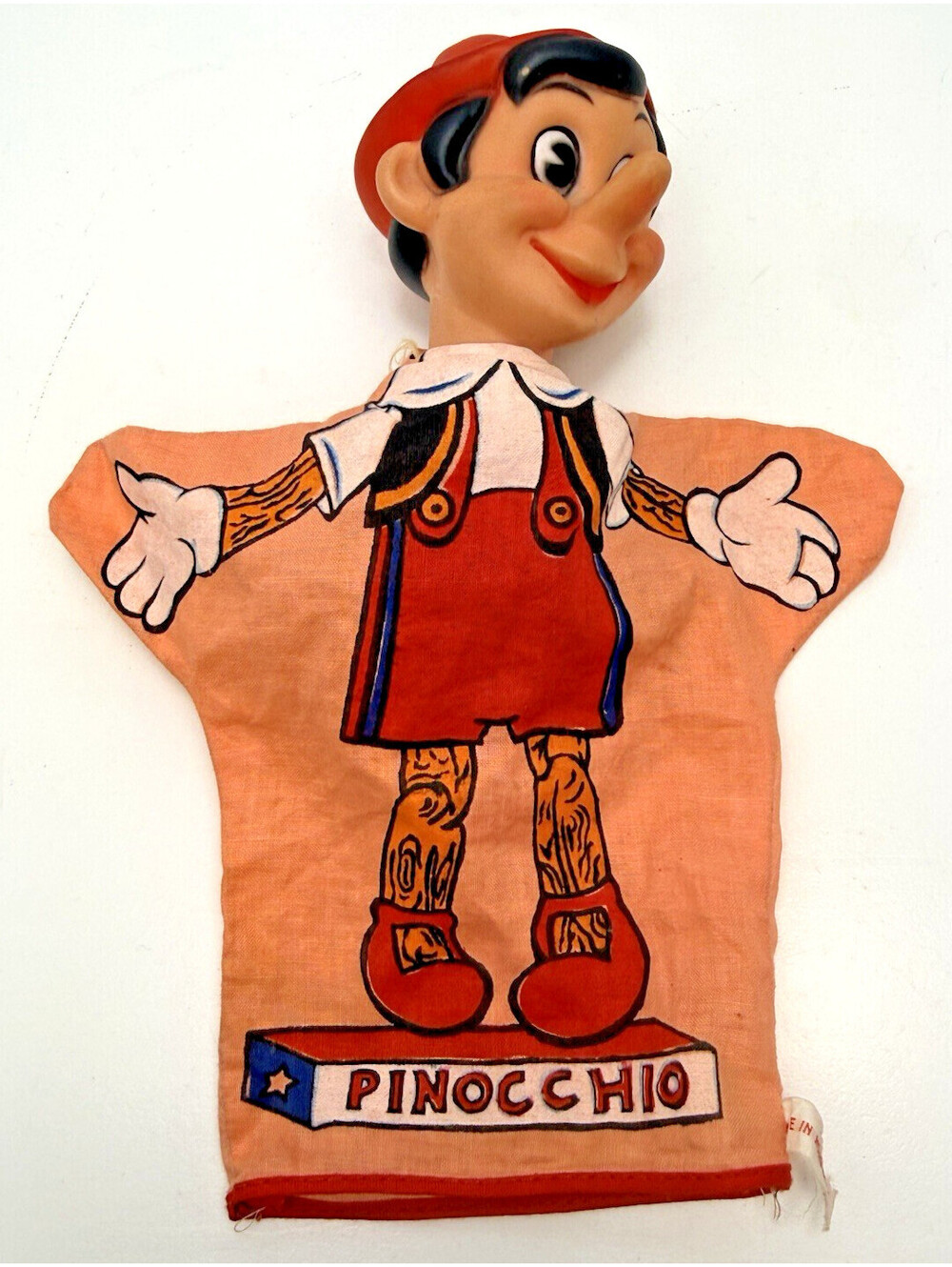 Vtg 1950s Pinocchio Hand Puppet Retro Toy Walt Disney Rubber Cloth Hong Kong
